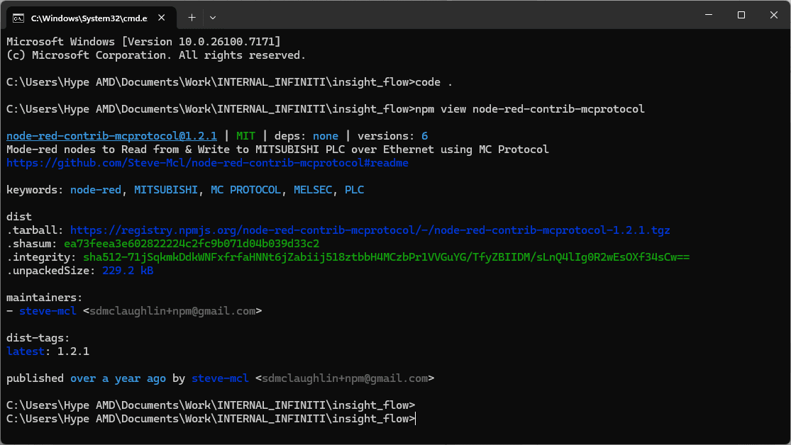 Output of the npm view command showing package information and the tarball download URL