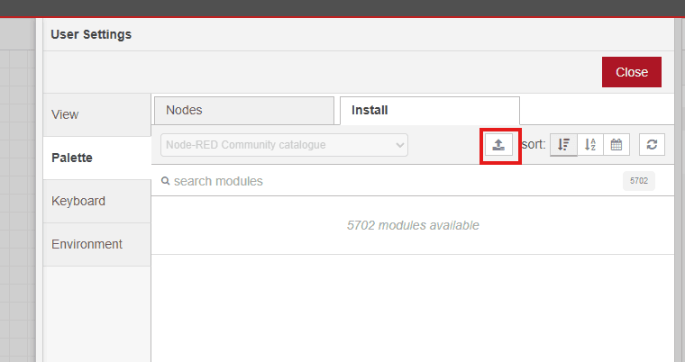 Node-RED Manage Palette window showing how to import a local .tgz module package